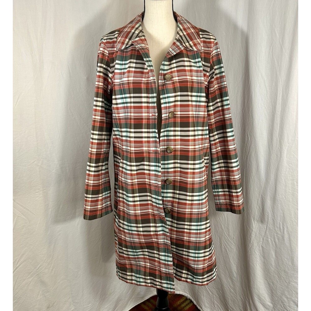 Lands' End Retro Plaid Rain Coat Size M Brown Blue Red Tartan Button Front Lined